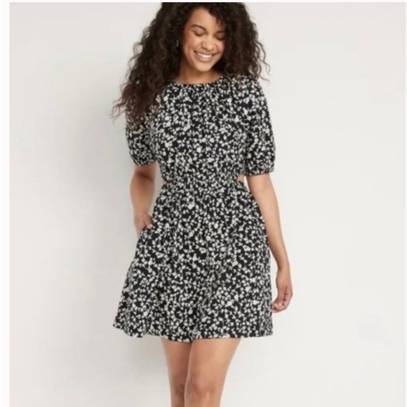 Waist-Defined Puff-Sleeve Cotton-Poplin Side-Cutout Mini Dress-Size Medi… - Picture 1 of 12